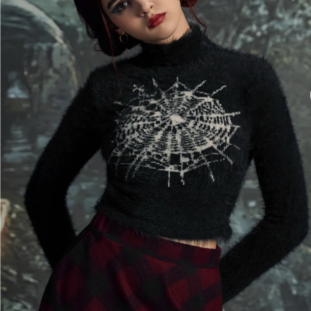 Black Fuzzy Sweater with Spider Web Design